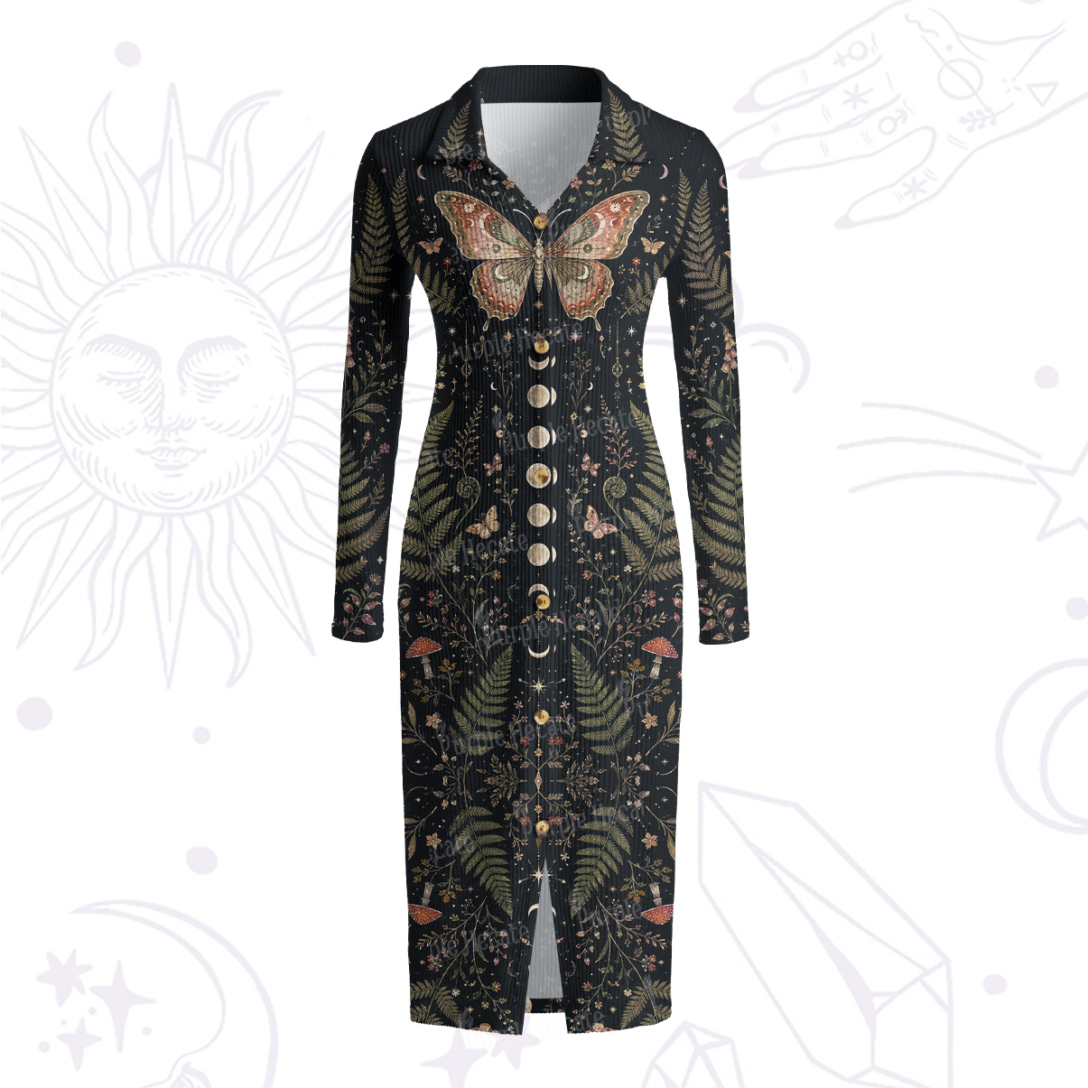 Purplehecate Moon Moth in the Enchanted Forest Ribbed Knit Dress