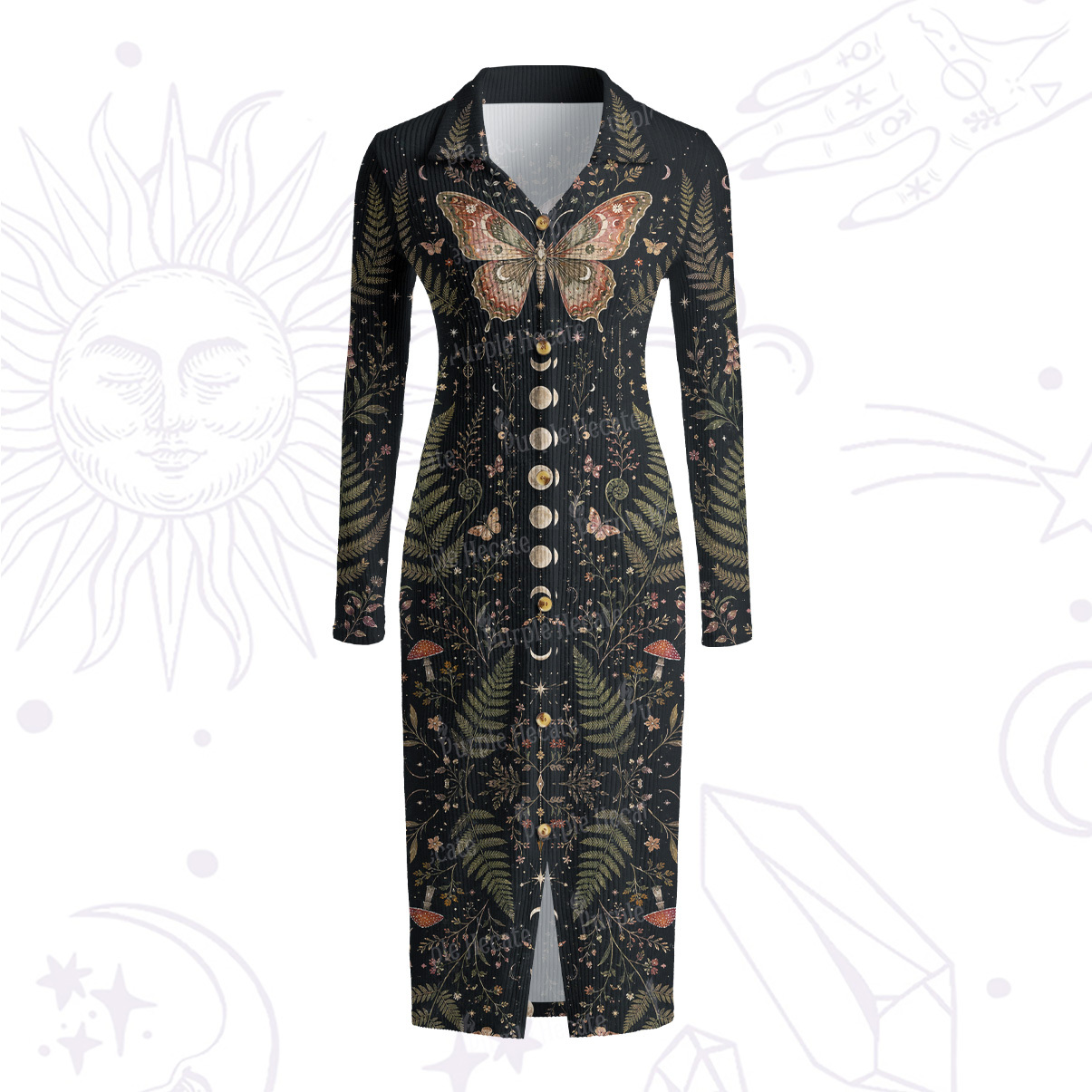 Purplehecate Moon Moth in the Enchanted Forest Ribbed Knit Dress