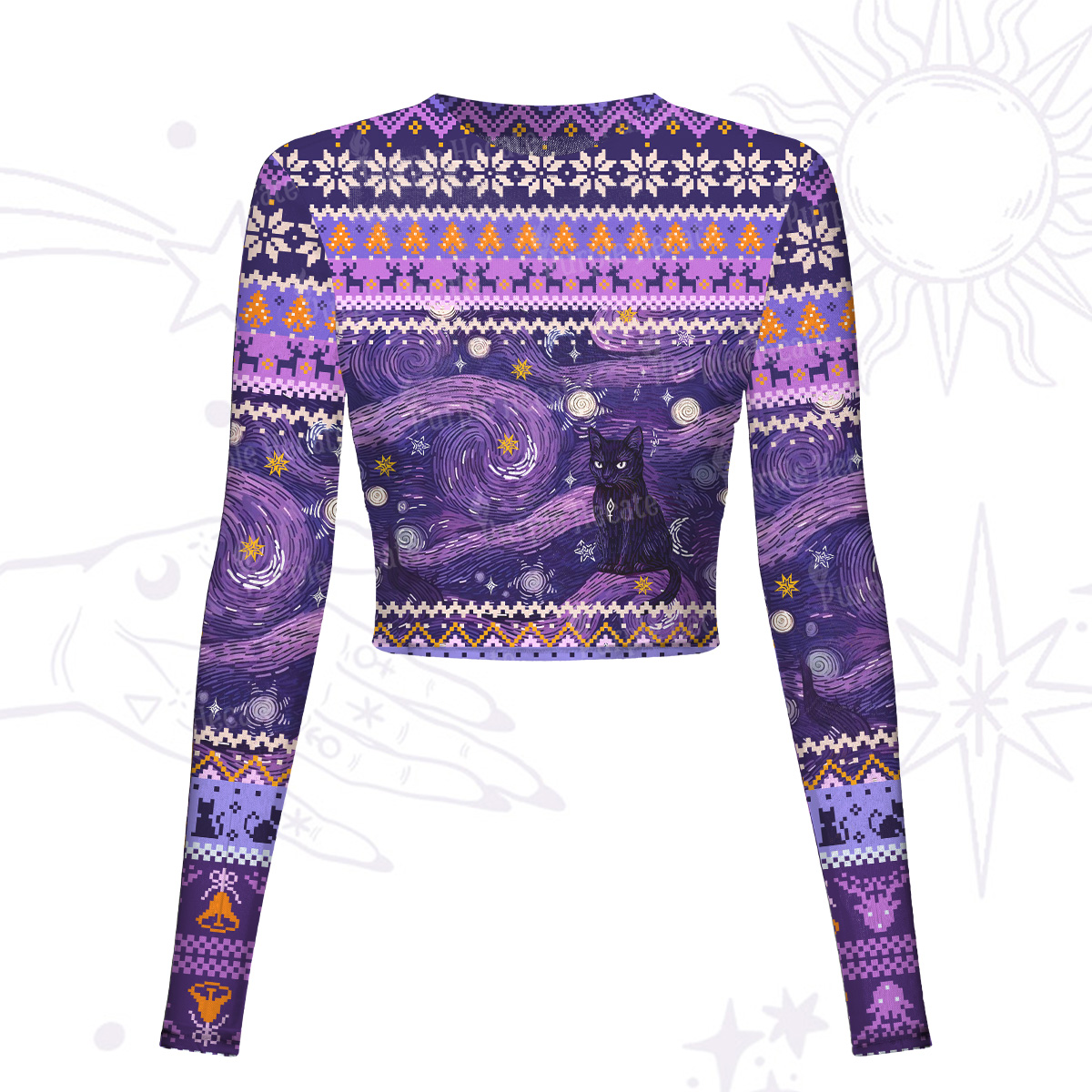 Purplehecate Mystic Cat Beneath the Cosmic Veil Mesh Long Sleeve Crop Top