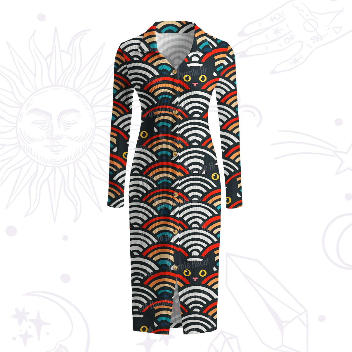 Purplehecate Rainbow Black Cat Waves Ribbed Knit Dress