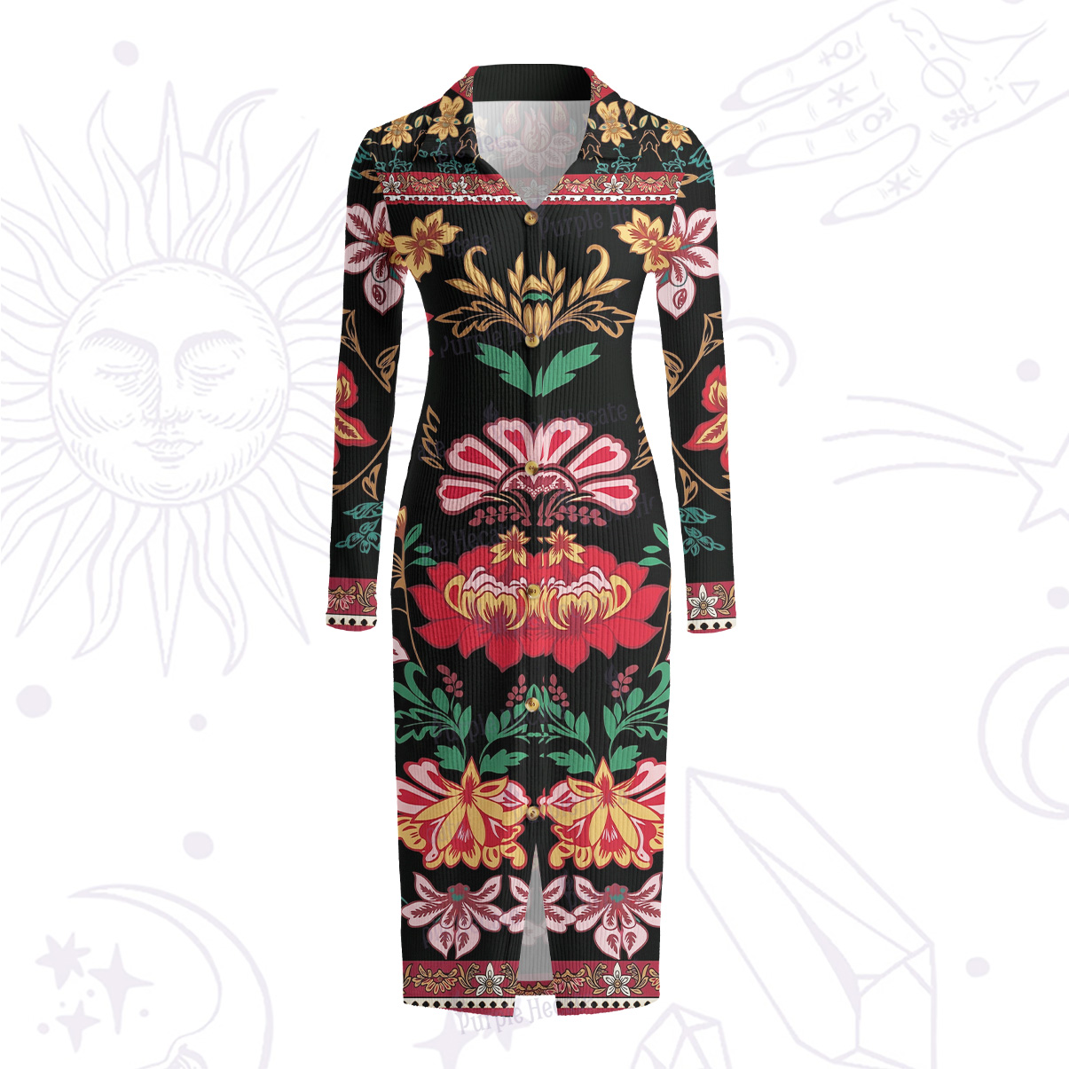 Purplehecate Ethnic Passionate Floral Motif Ribbed Knit Dress