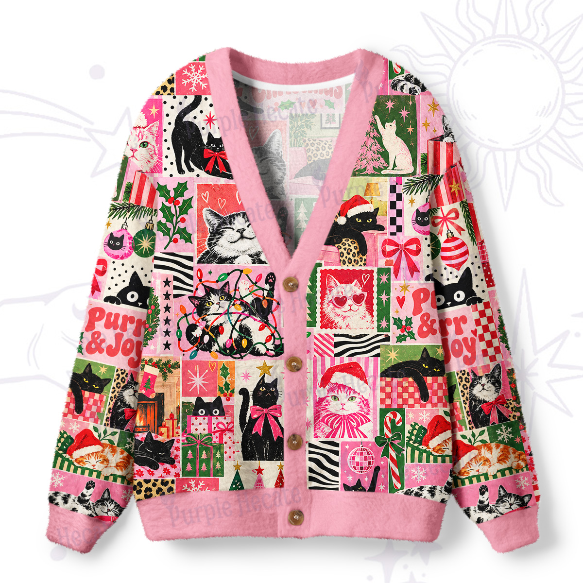 Purplehecate Christmas Purr Patchwork Ugly Cardigan Sweaters