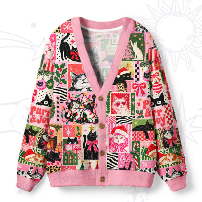Purplehecate Christmas Purr Patchwork Ugly Cardigan Sweaters