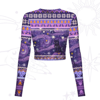 Purplehecate Mystic Cat Beneath the Cosmic Veil Mesh Long Sleeve Crop Top