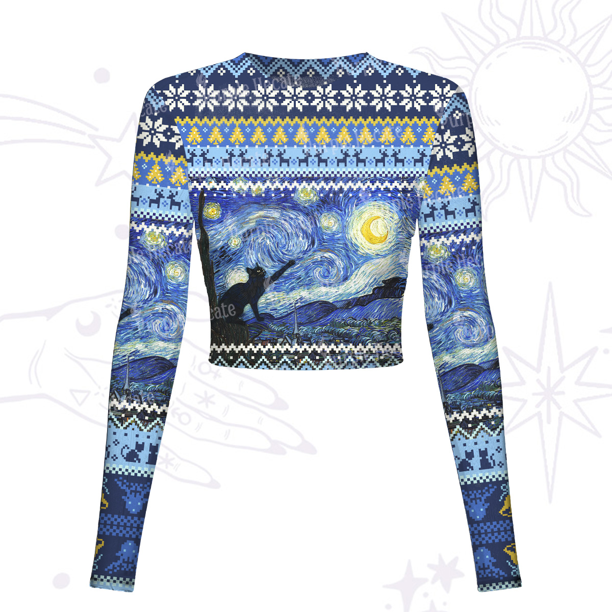 Purplehecate Witch Cat Under the Starry Night Mesh Long Sleeve Crop Top