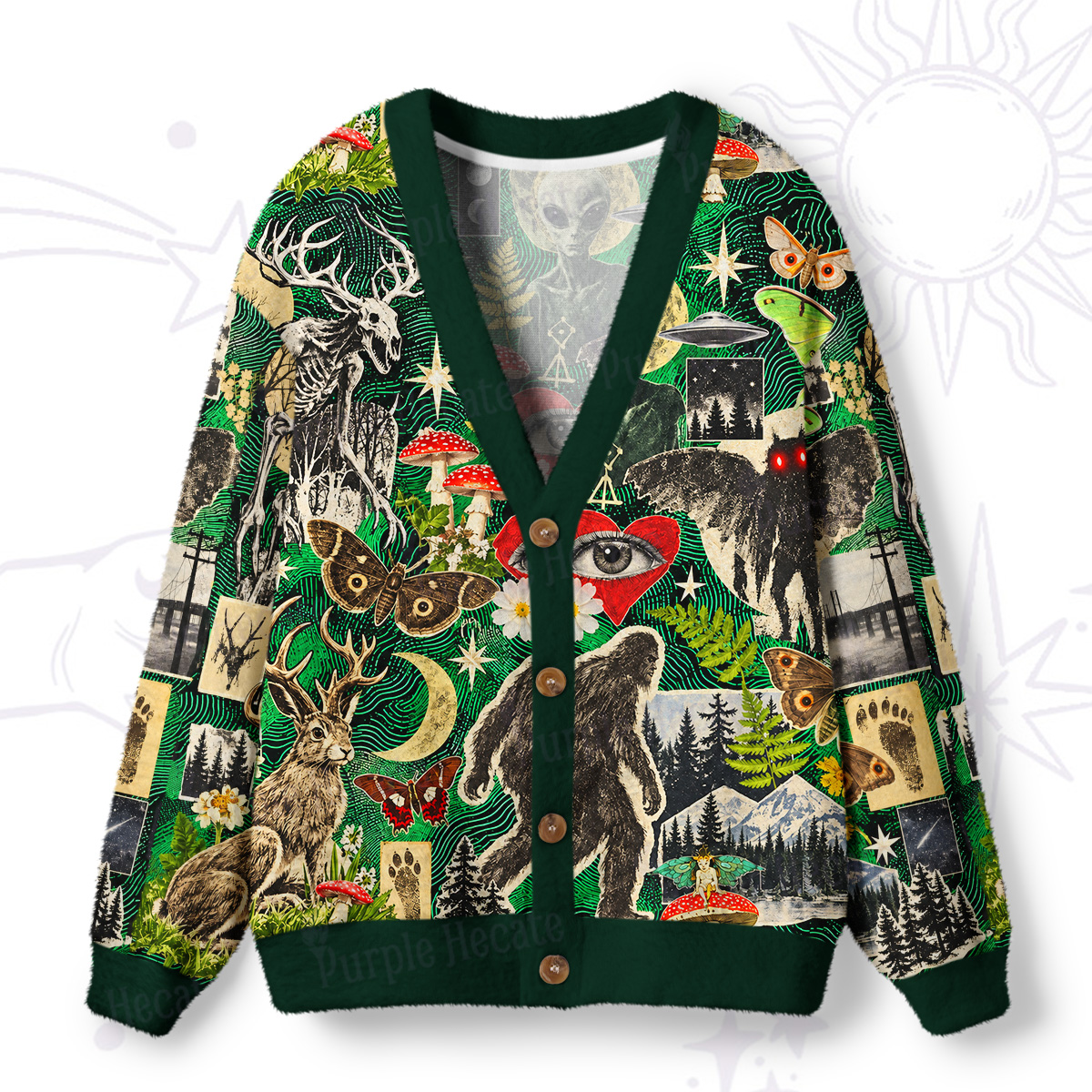 Purplehecate Alien Visitors & Forest Beasts Ugly Cardigan Sweaters