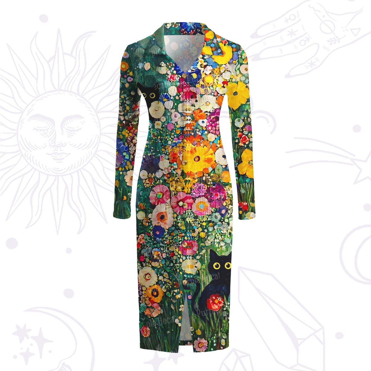 Purplehecate Fluffy Black Cat in Colorful Flower Field Ribbed Knit Dress