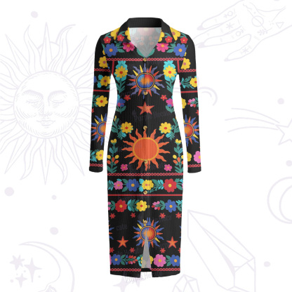 Purplehecate Folk Sun Garden Ribbed Knit Dress