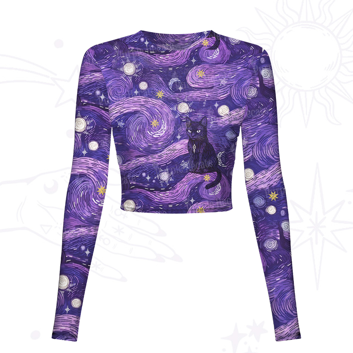 Purplehecate Mystic Cat Beneath the Cosmic Veil Mesh Long Sleeve Crop Top