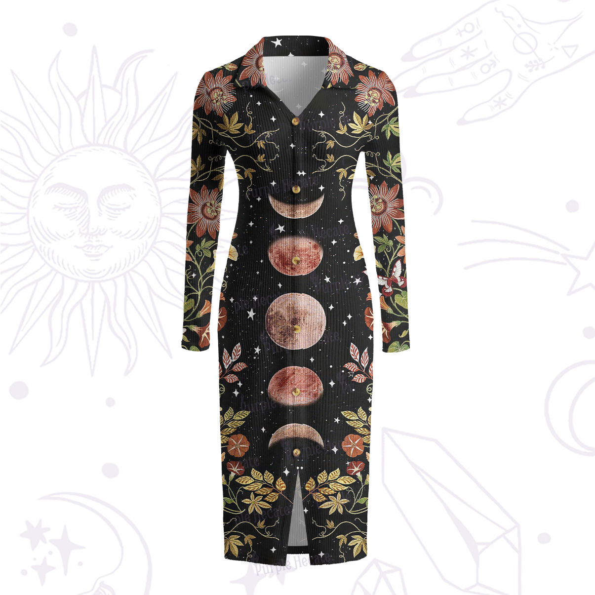 Purplehecate Moon Phase Floral Ribbed Knit Dress