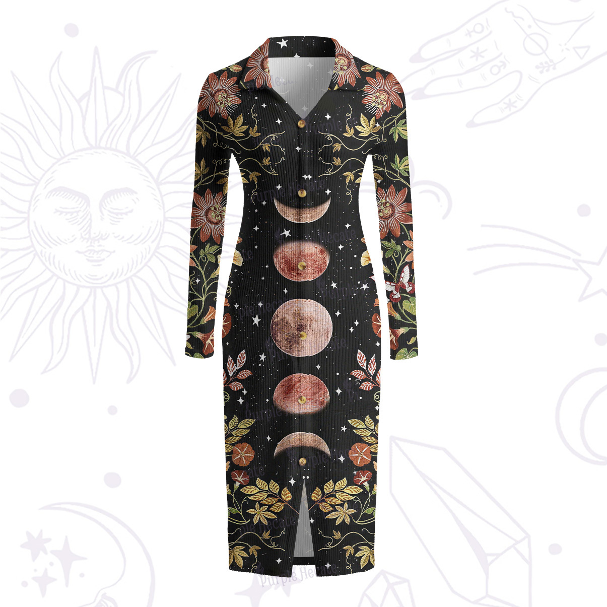Purplehecate Moon Phase Floral Ribbed Knit Dress