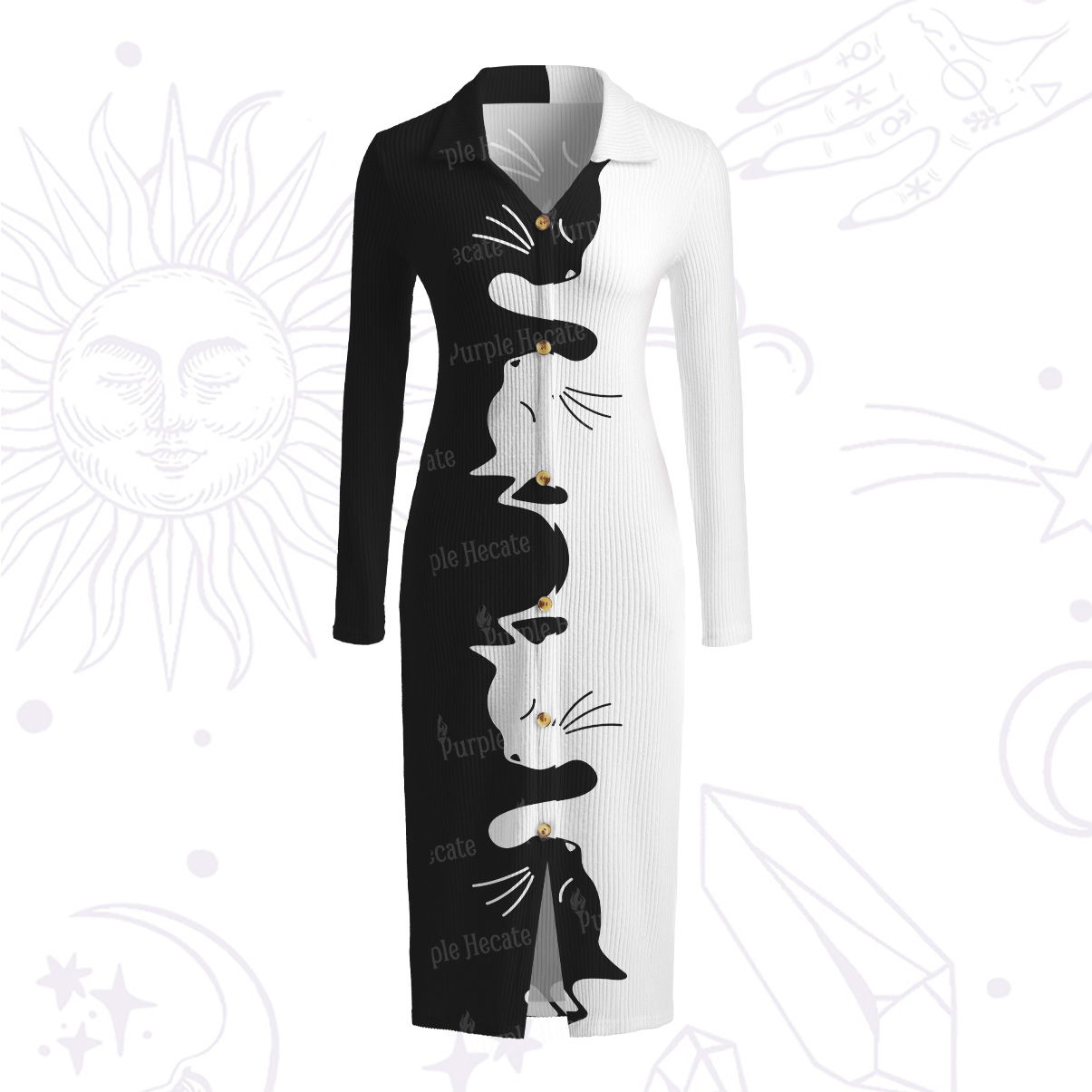 Purplehecate Yin Yang Cat Lover Ribbed Knit Dress