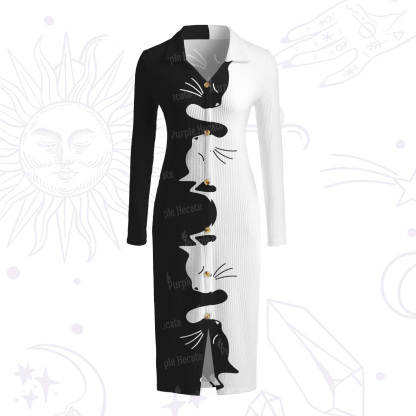 Purplehecate Yin Yang Cat Lover Ribbed Knit Dress