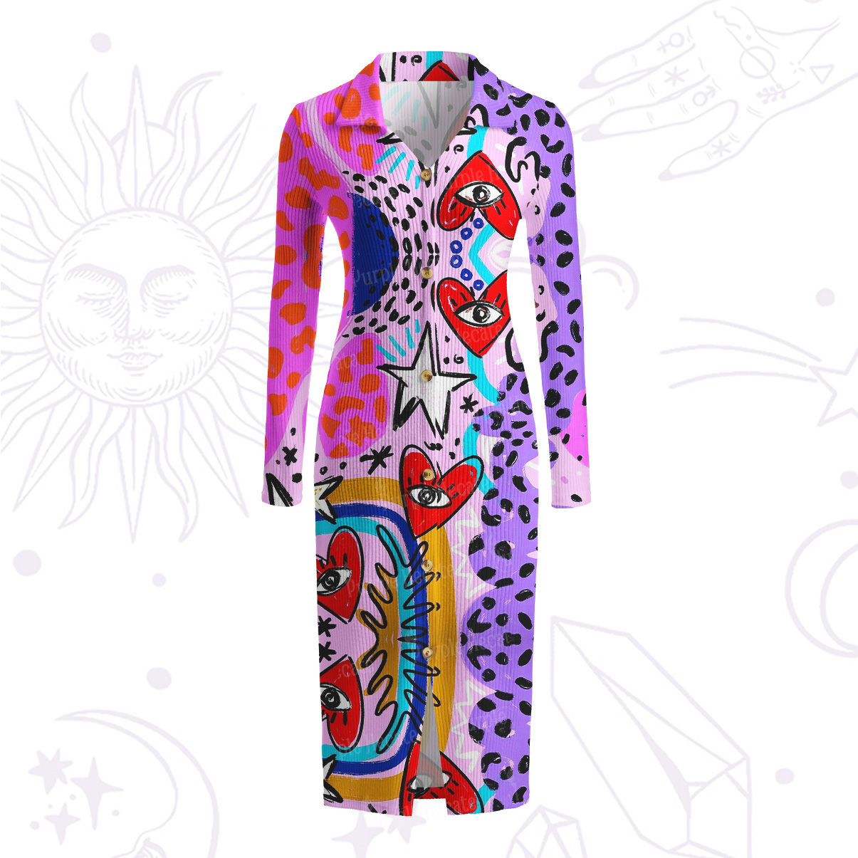 Purplehecate Cosmic Love Eyes Graffiti Ribbed Knit Dress