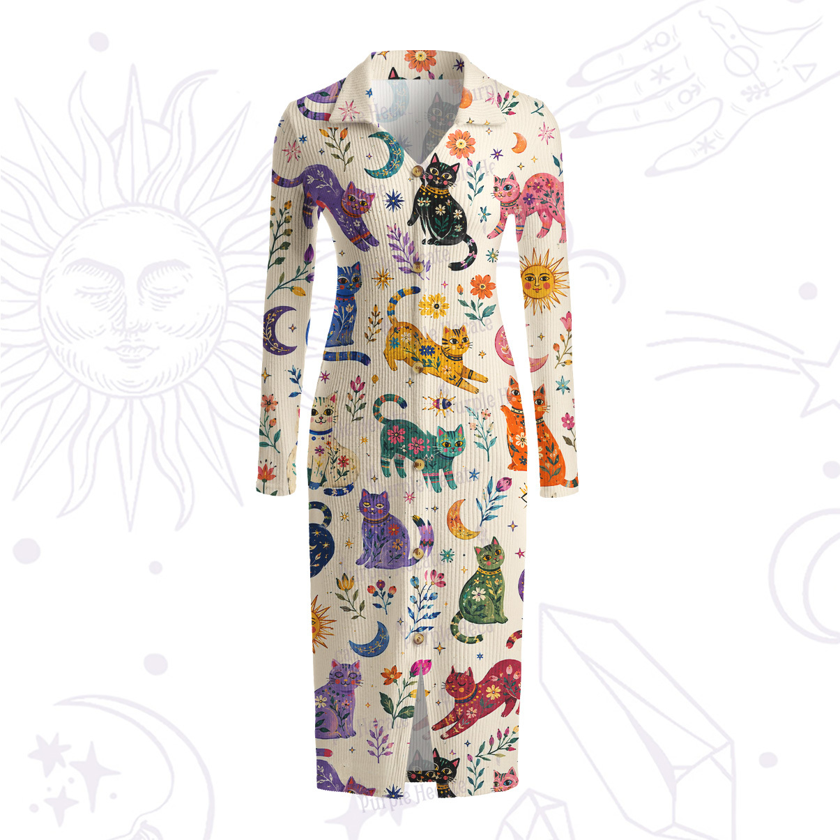 Purplehecate Rainbow Magic Cats Ribbed Knit Dress