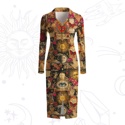 Purplehecate Vintage Celestial Witch Moon Collage Ribbed Knit Dress