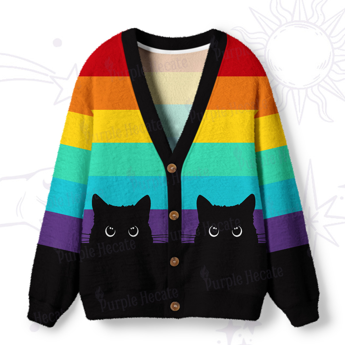 Purplehecate Little Black Cats Under the Rainbow Ugly Cardigan Sweaters