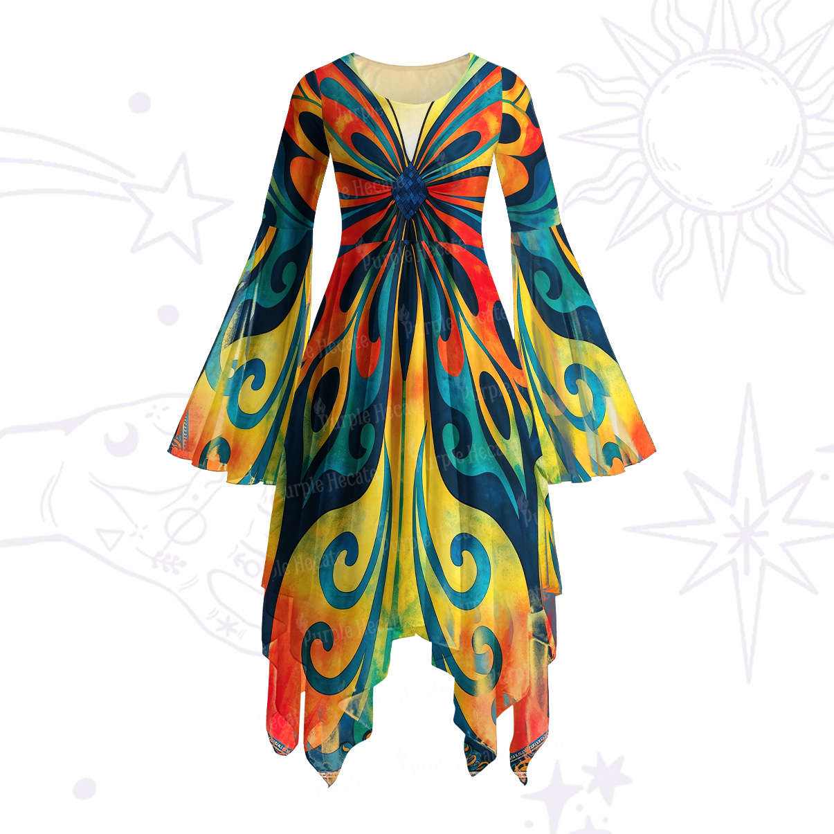 Purplehecate Boho Mystic Fiery Butterfly Bell Sleeve Dress