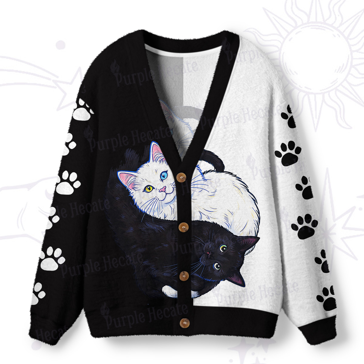 Purplehecate Yin Yang Cats Paw Ugly Cardigan Sweaters