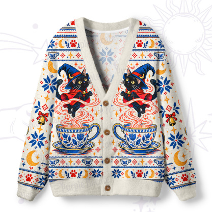 Purplehecate Magic Coffee Cup Black Cat Ugly Cardigan Sweaters