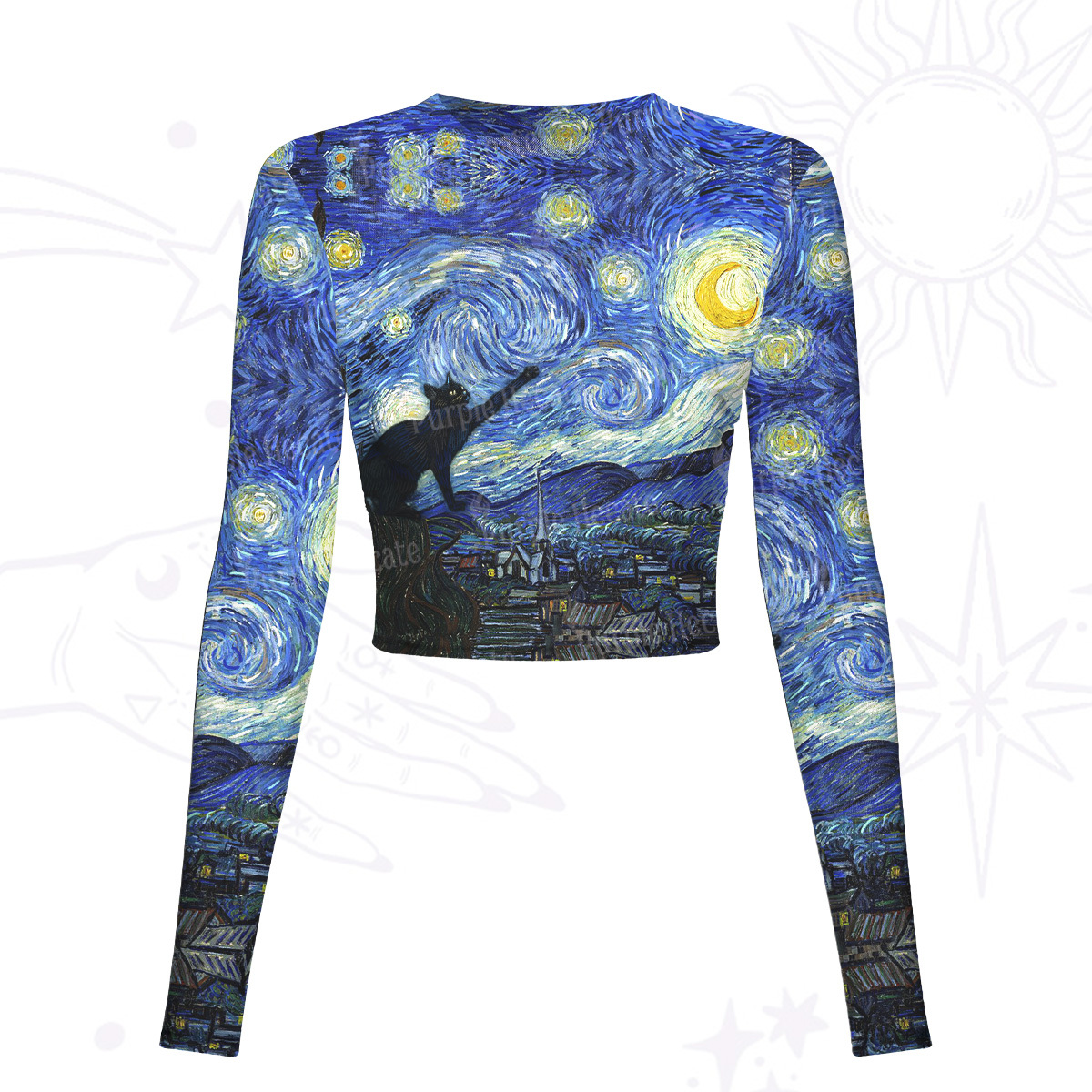 Purplehecate Witch Cat Under the Starry Night Mesh Long Sleeve Crop Top