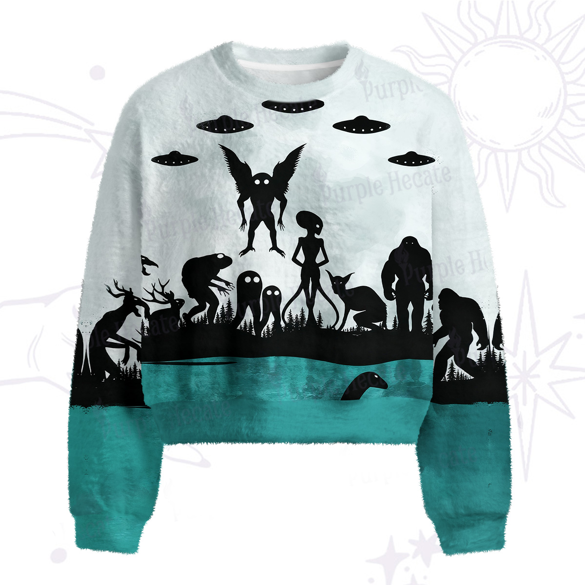 Purplehecate Alien Lake Monster Encounter Fuzzy Crewneck Sweater