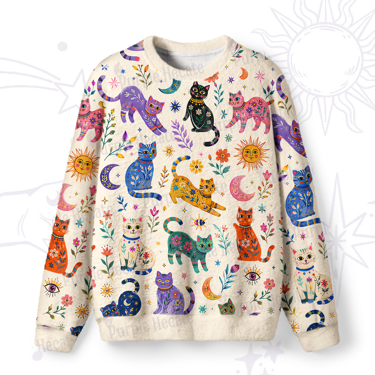 Purplehecate Rainbow Magic Cats Fuzzy Ugly Sweatshirt