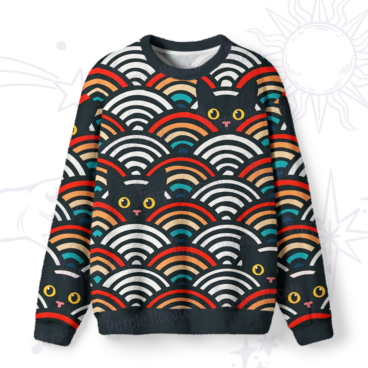 Purplehecate Rainbow Black Cat Waves Fuzzy Ugly Sweatshirt