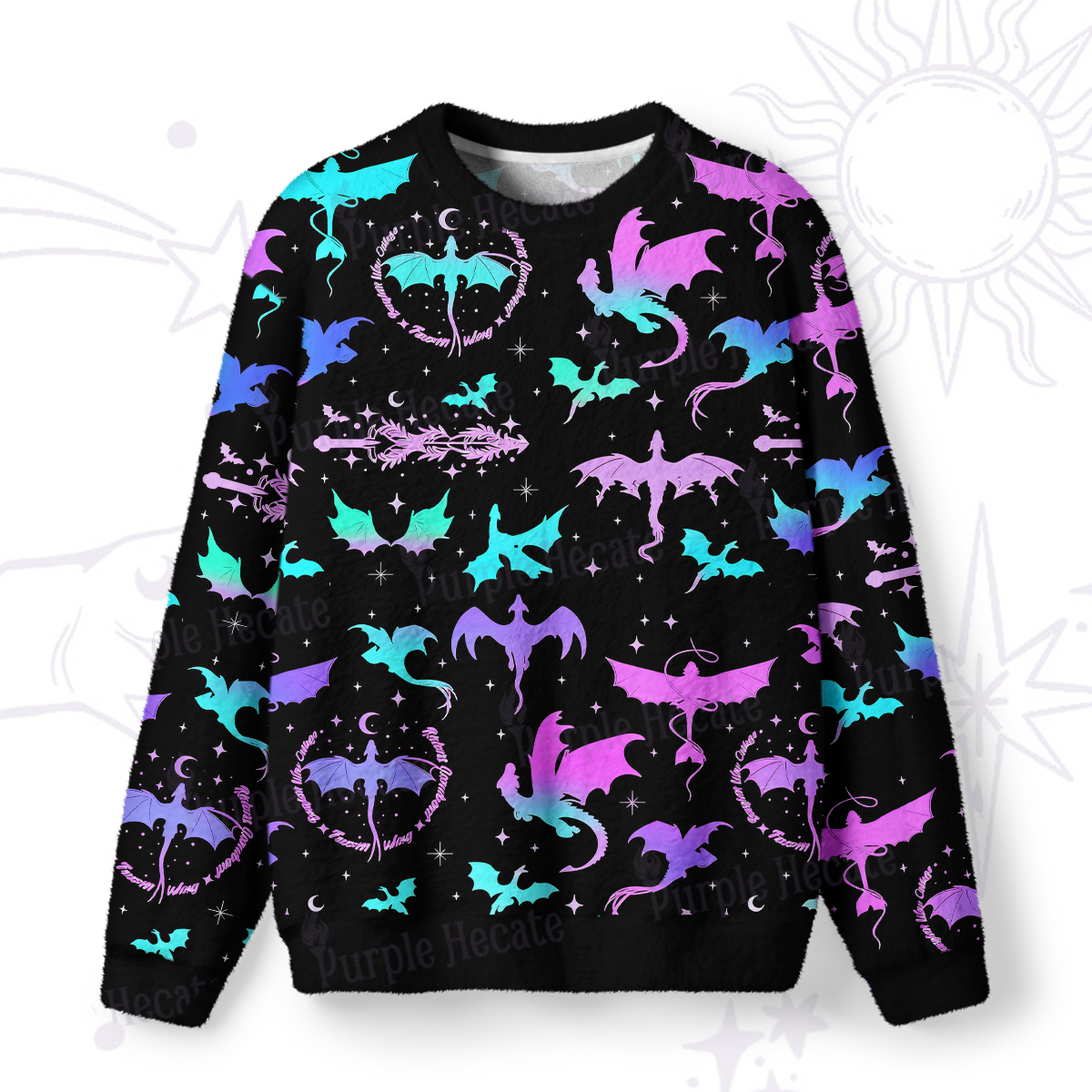 Purplehecate Neon Fantasy Dragon Allover Fuzzy Ugly Sweatshirt