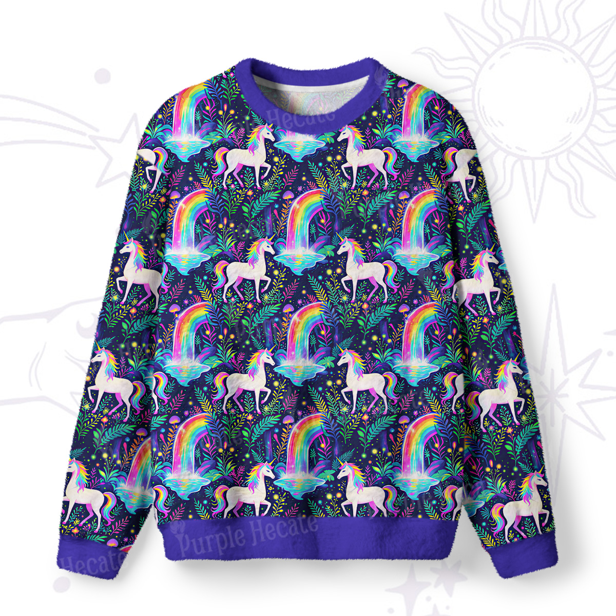Purplehecate Rainbow Forest Unicorn Fuzzy Ugly Sweatshirt