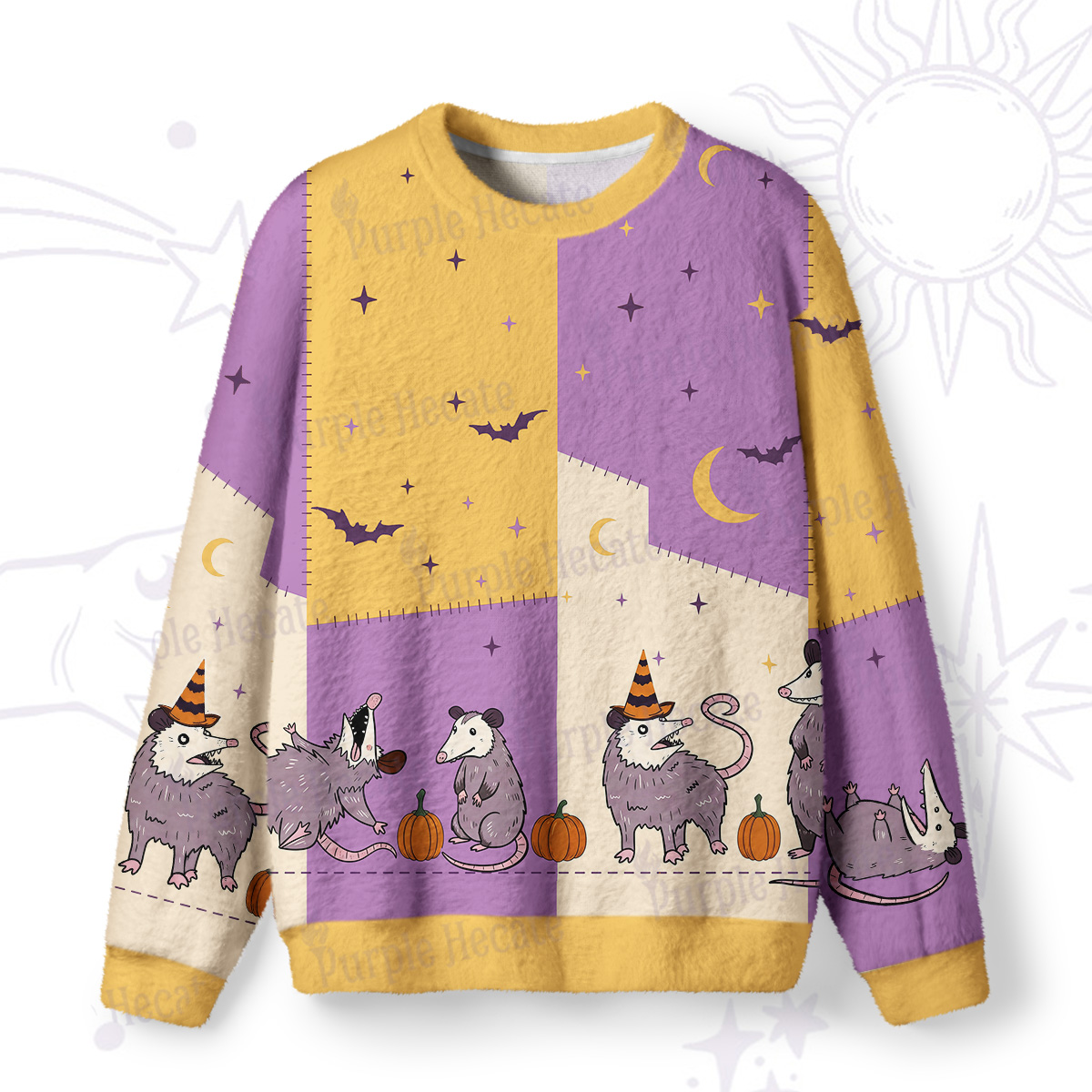 Purplehecate Pumpkin Night Possum Family Fuzzy Ugly Sweatshirt