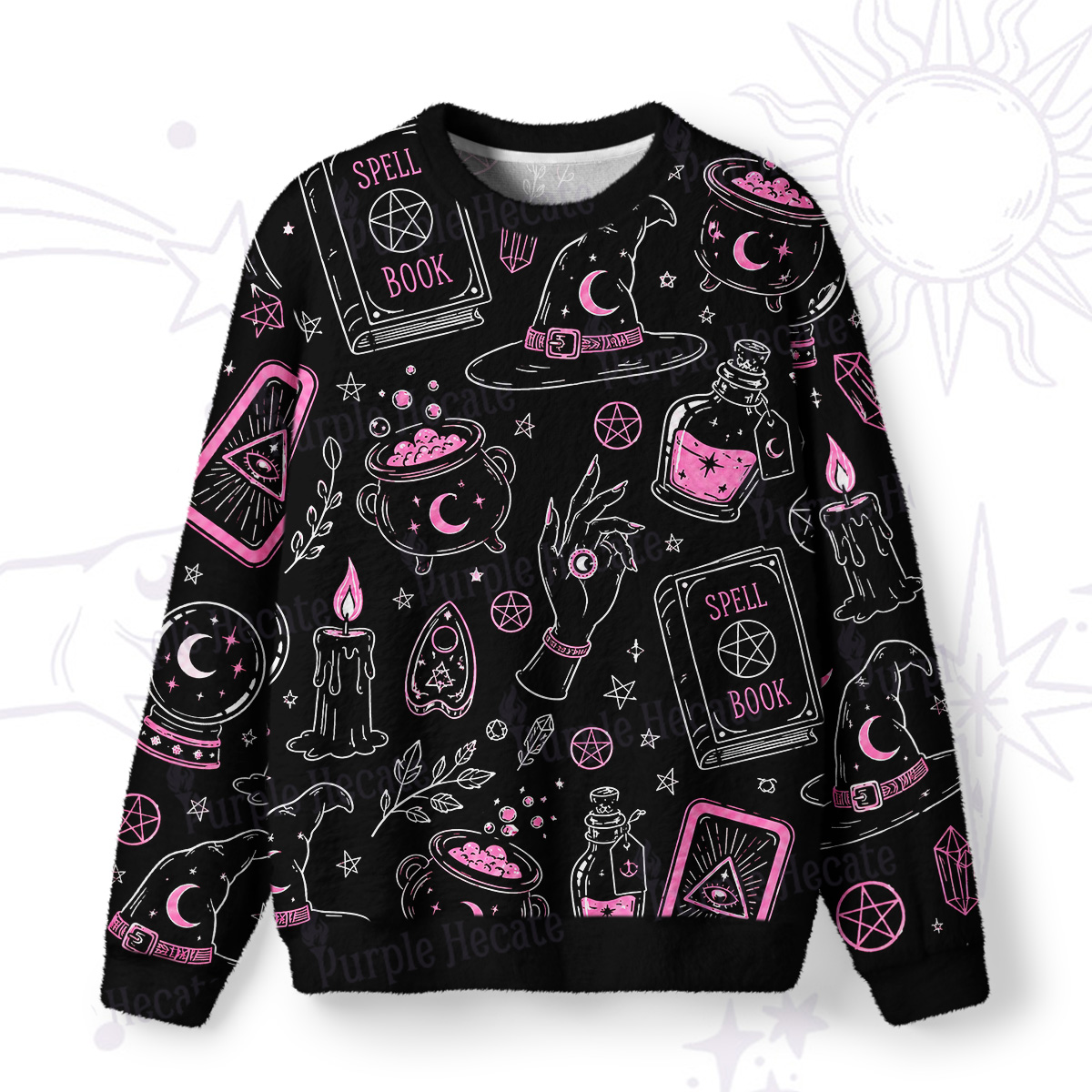 Purplehecate Witchcraft Spell Book and Potion Bottle Fuzzy Ugly Sweatshirt