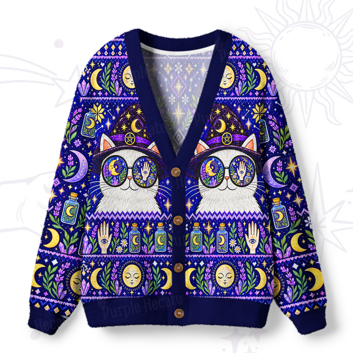 Purplehecate Magical Cosmic Cat Seer Ugly Cardigan Sweaters