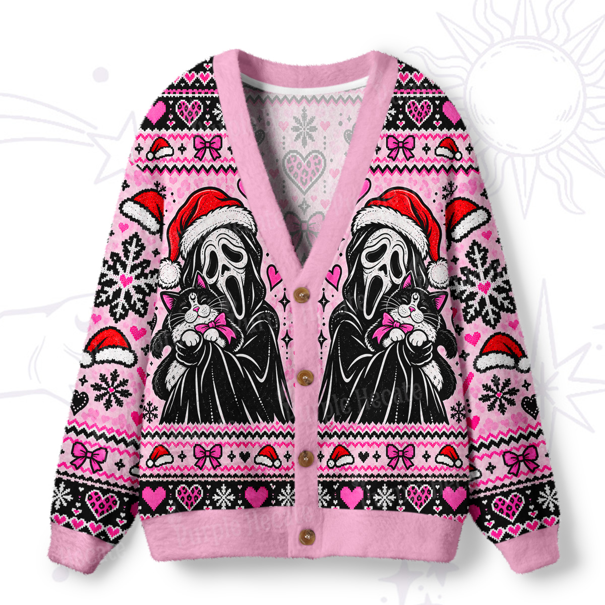 Purplehecate Screaming Christmas Cat-Holding Ugly Cardigan Sweaters