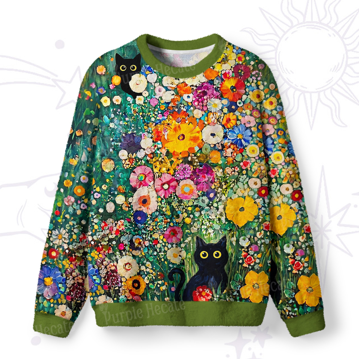 Purplehecate Fluffy Black Cat in Colorful Flower Field Fuzzy Ugly Sweatshirt
