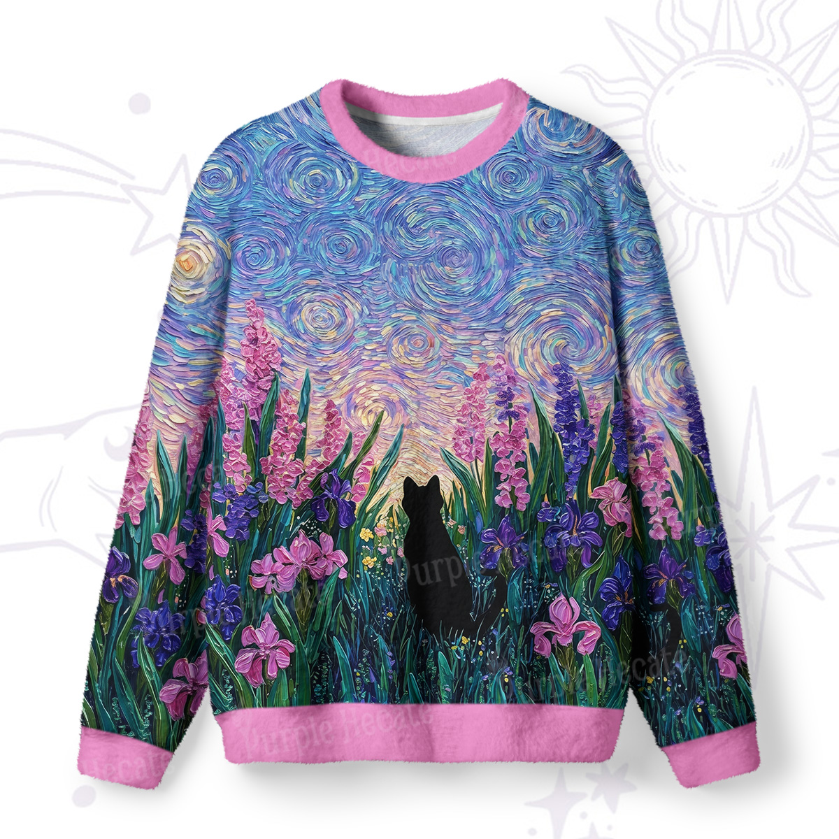 Purplehecate Starry Mystic Night Garden Cat Fuzzy Ugly Sweatshirt