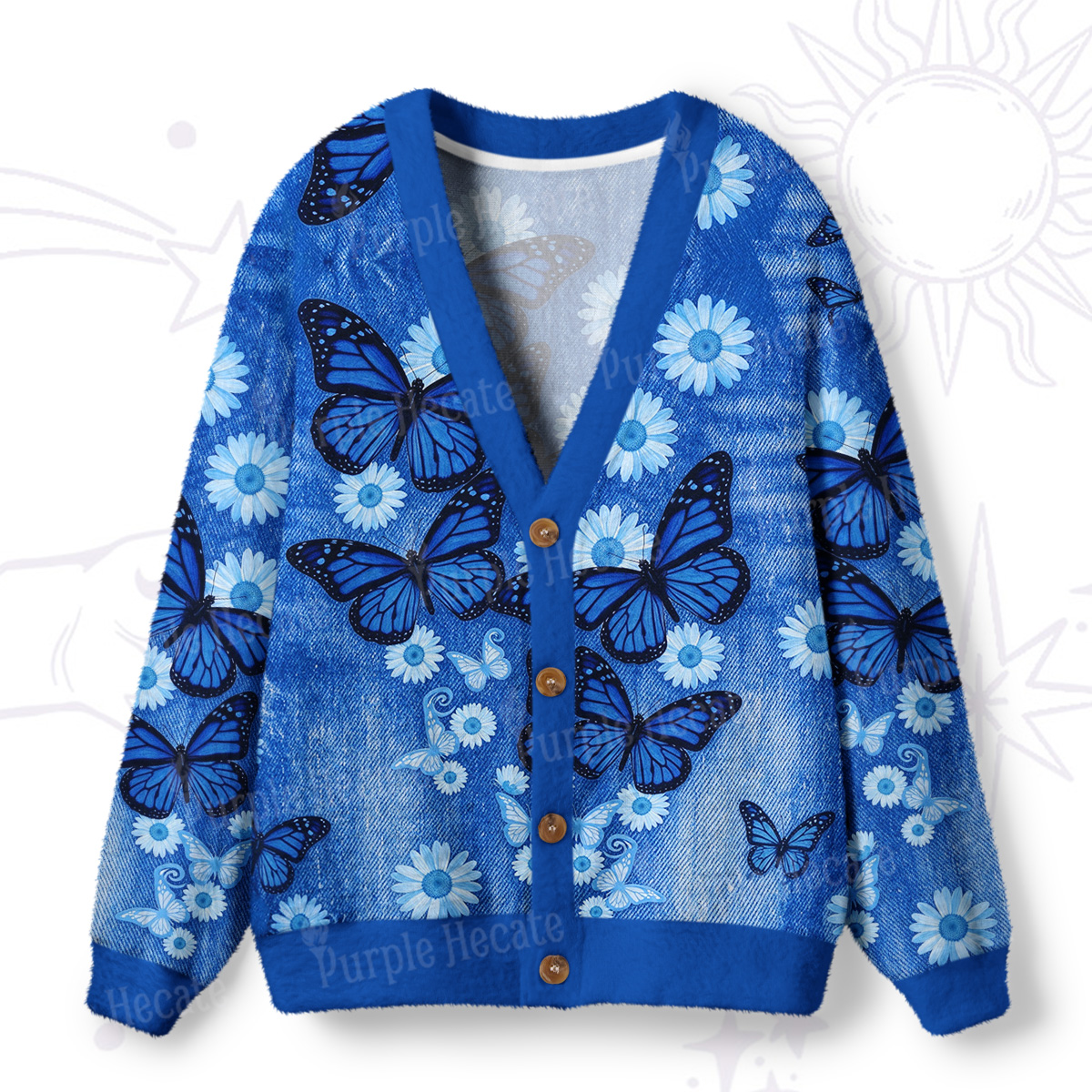 Purplehecate Blue Butterfly Daisy Dance Ugly Cardigan Sweaters