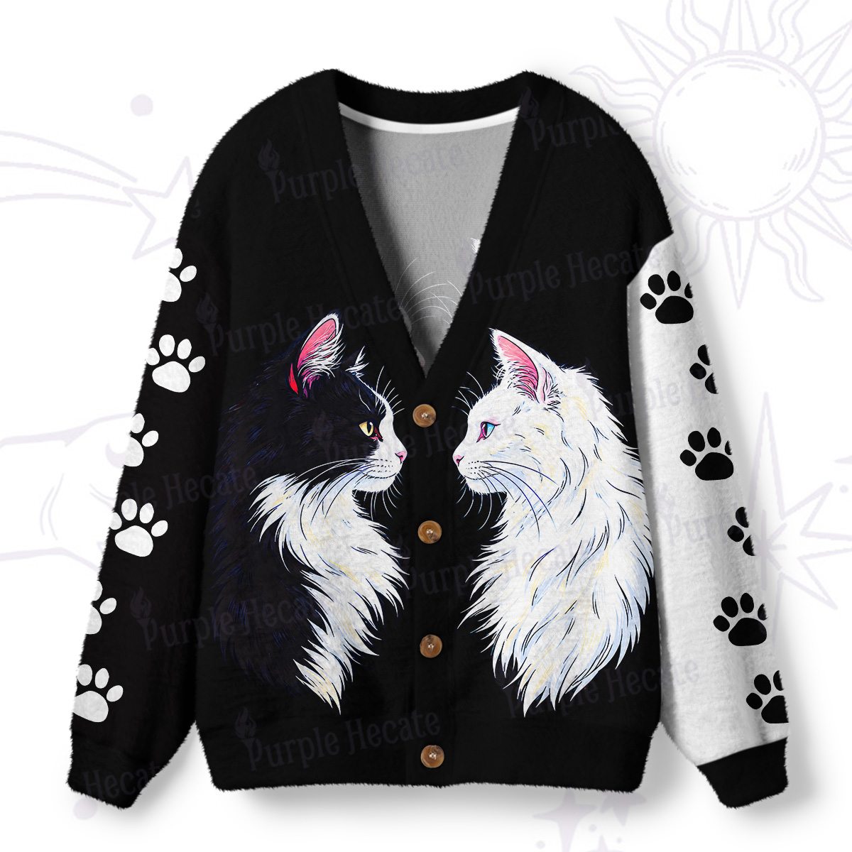 Purplehecate Magical Black & White Guardian CatsUgly Cardigan Sweaters