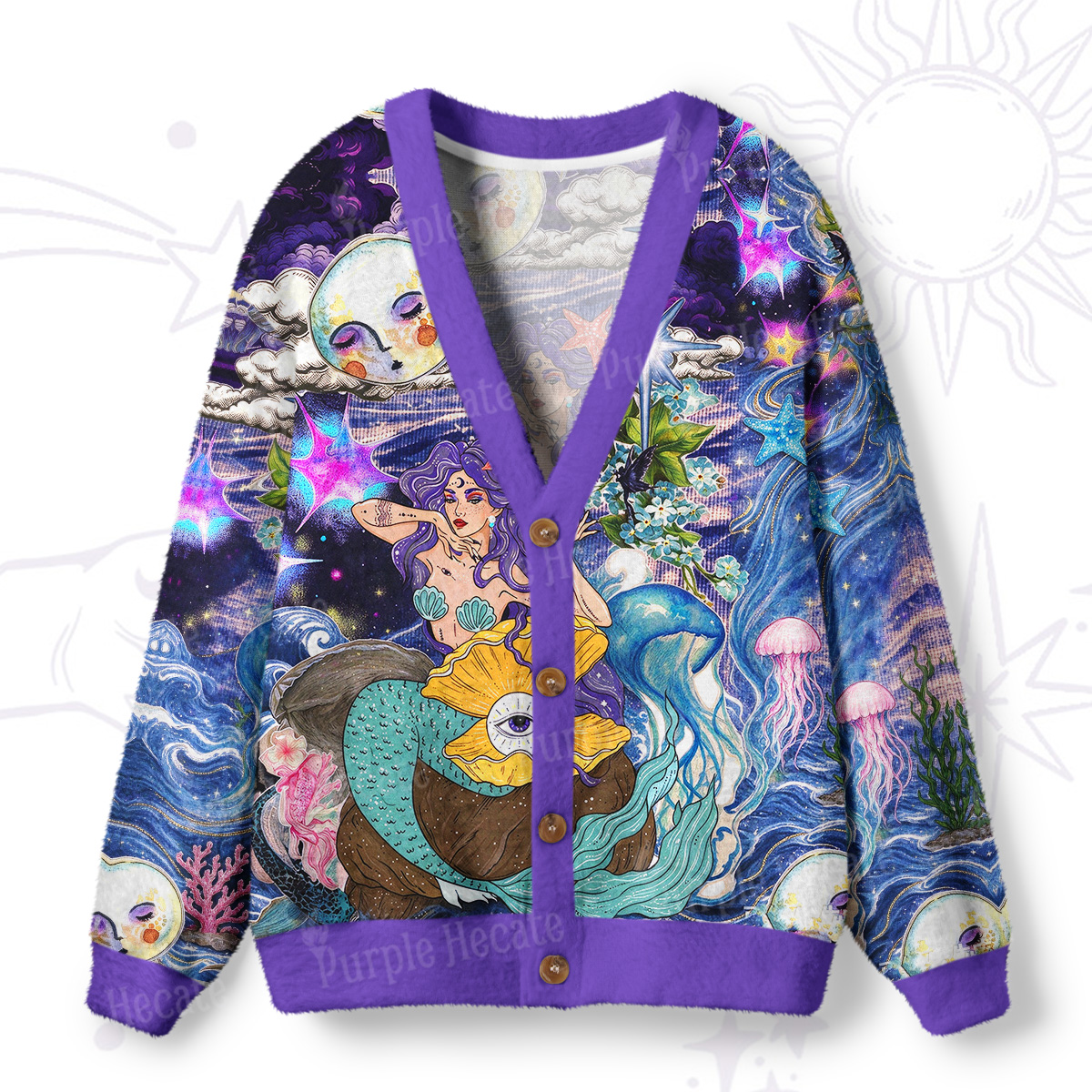 Purplehecate Mystic Ocean Goddess Mermaid Ugly Cardigan Sweaters