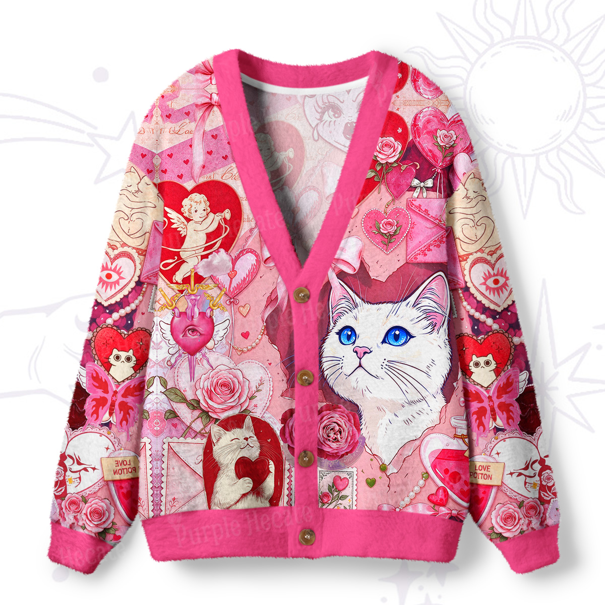 Purplehecate Pink Love Story Cat Ugly Cardigan Sweaters