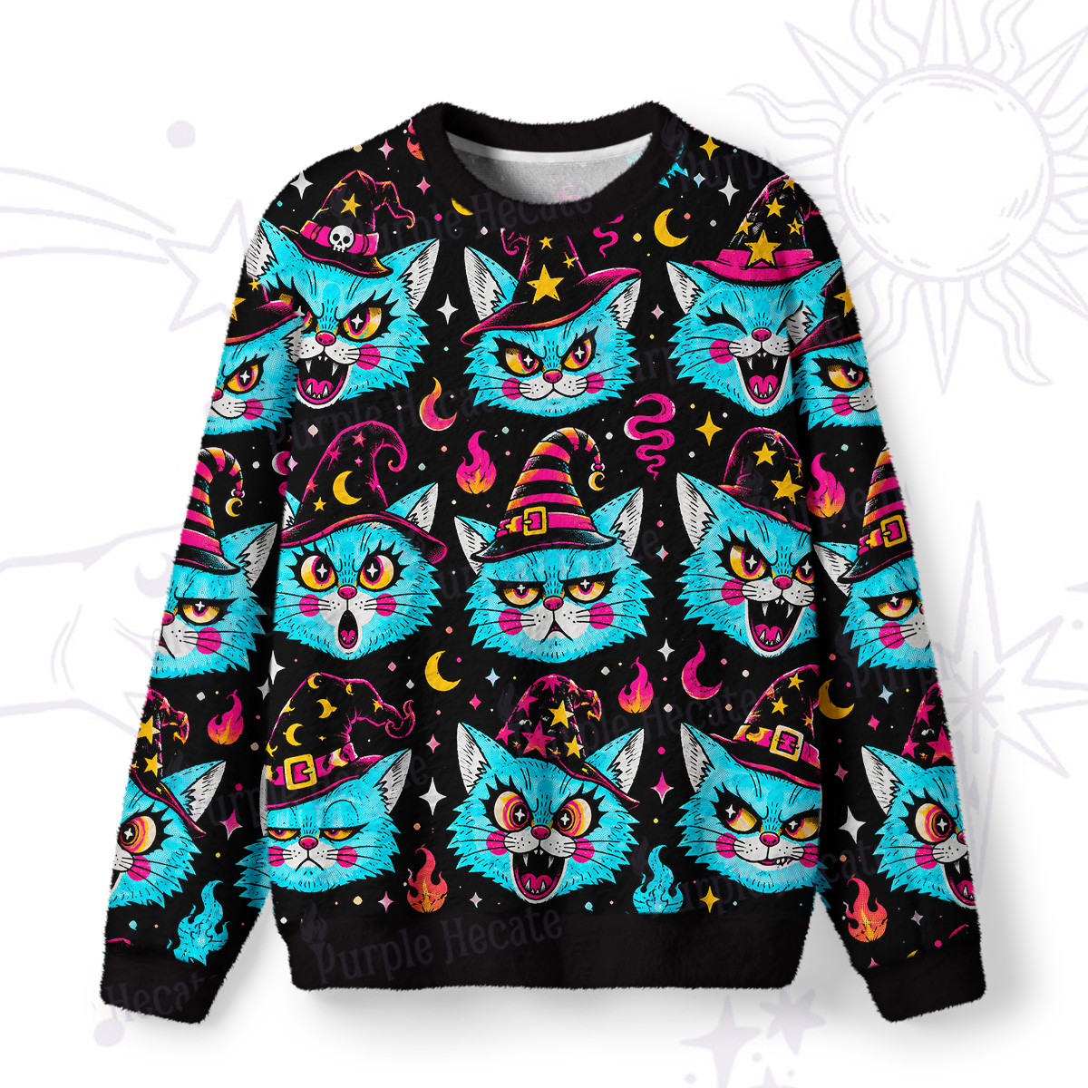Purplehecate Wacky Magic Cats Fuzzy Ugly Sweatshirt