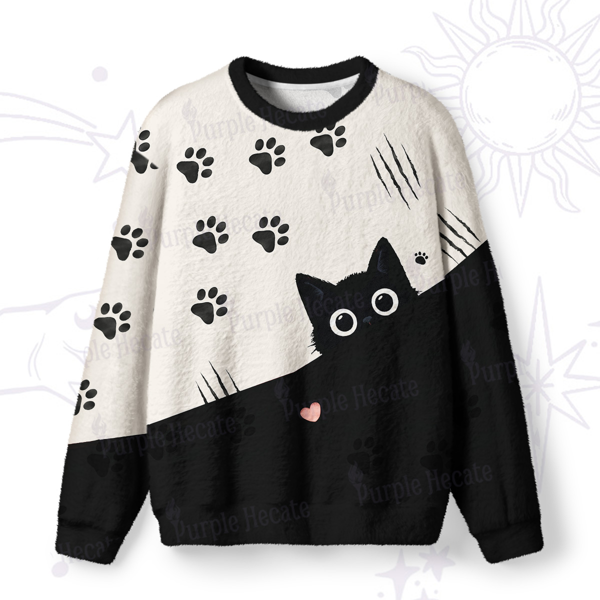 Purplehecate Peekaboo Black Cat Paw Fuzzy Ugly Sweatshirt
