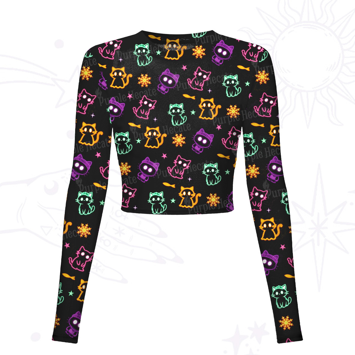 Purplehecate Neon Cat Party Mesh Long Sleeve Crop Top