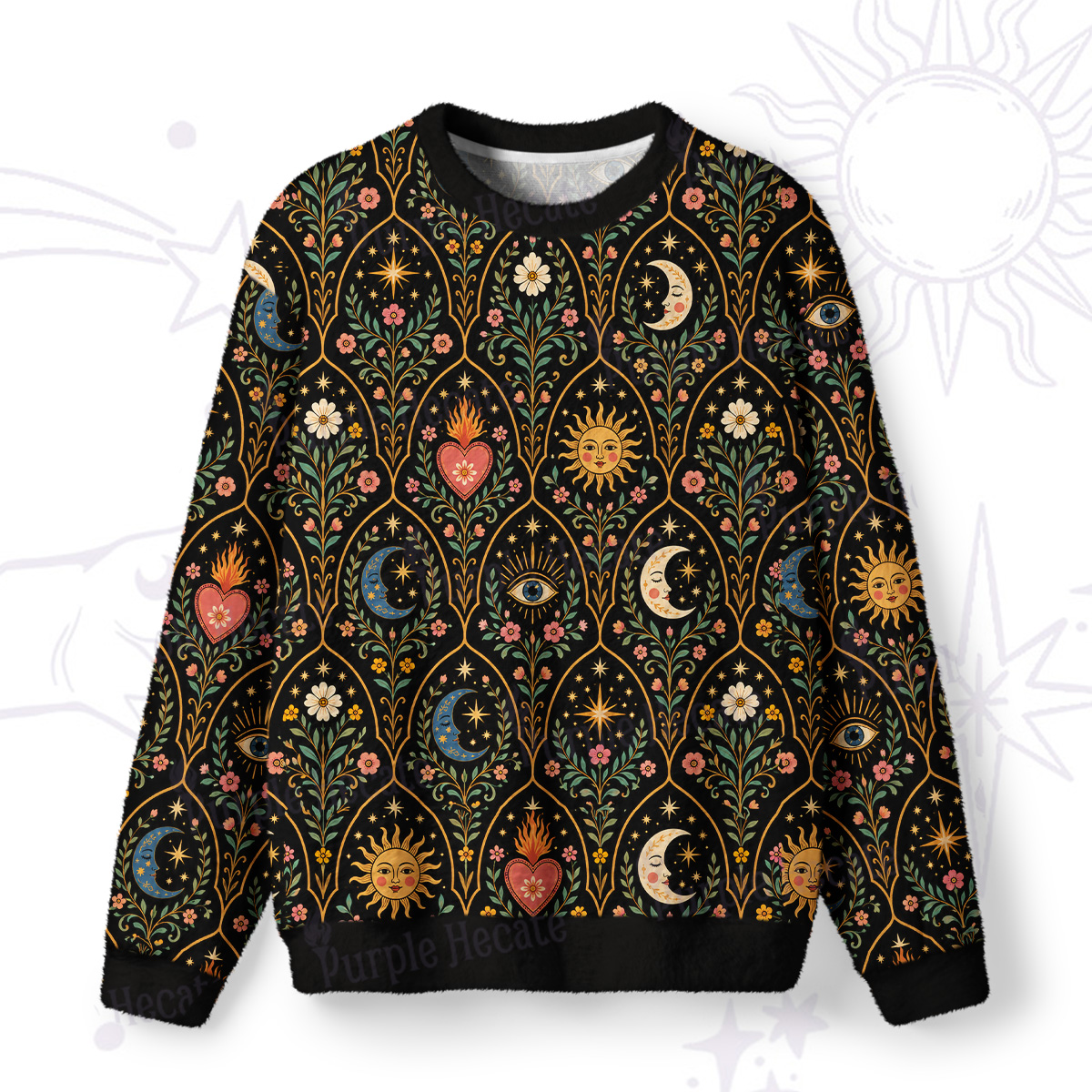 Purplehecate Mystic Sun Moon Hearts Fuzzy Ugly Sweatshirt