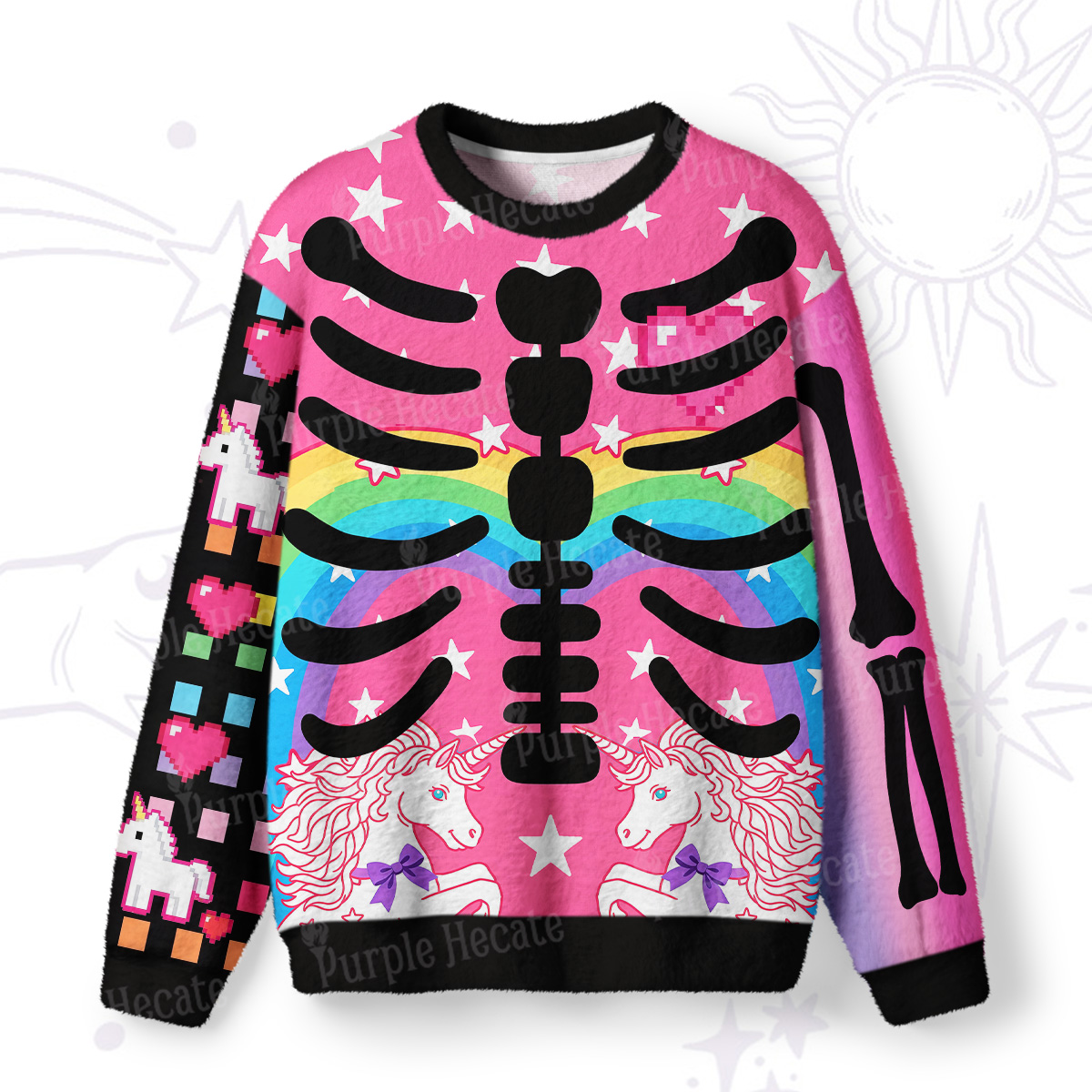 Purplehecate Rainbow Unicorn Skeleton Fuzzy Ugly Sweatshirt