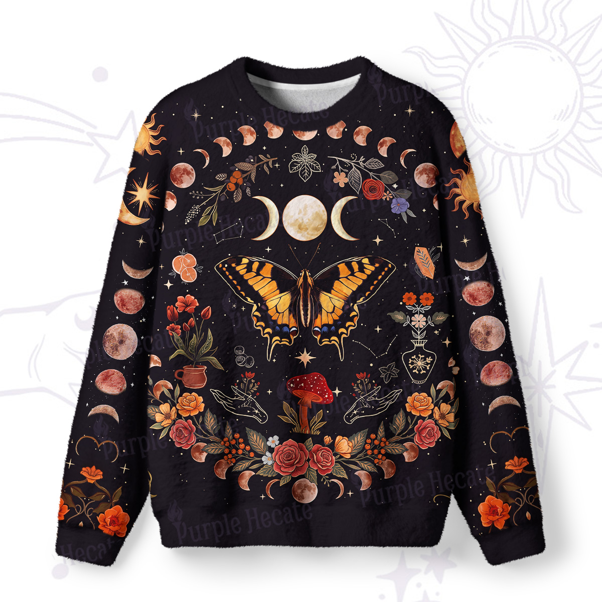 Purplehecate Lunar Phases & Moth Garden Fuzzy Ugly Sweatshirt