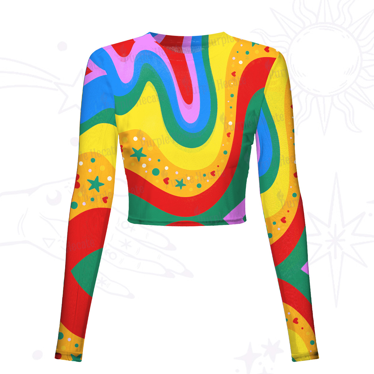 Purplehecate Dreamy Rainbow Waves Mesh Long Sleeve Crop Top
