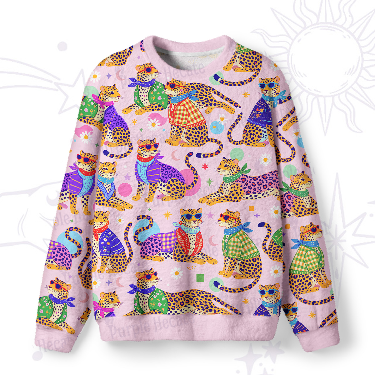 Purplehecate Groovy Jungle Rainbow Leopards Fuzzy Ugly Sweatshirt
