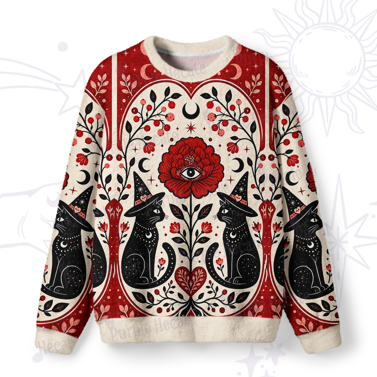 Purplehecate Sacred Cat Floral Fuzzy Ugly Sweatshirt