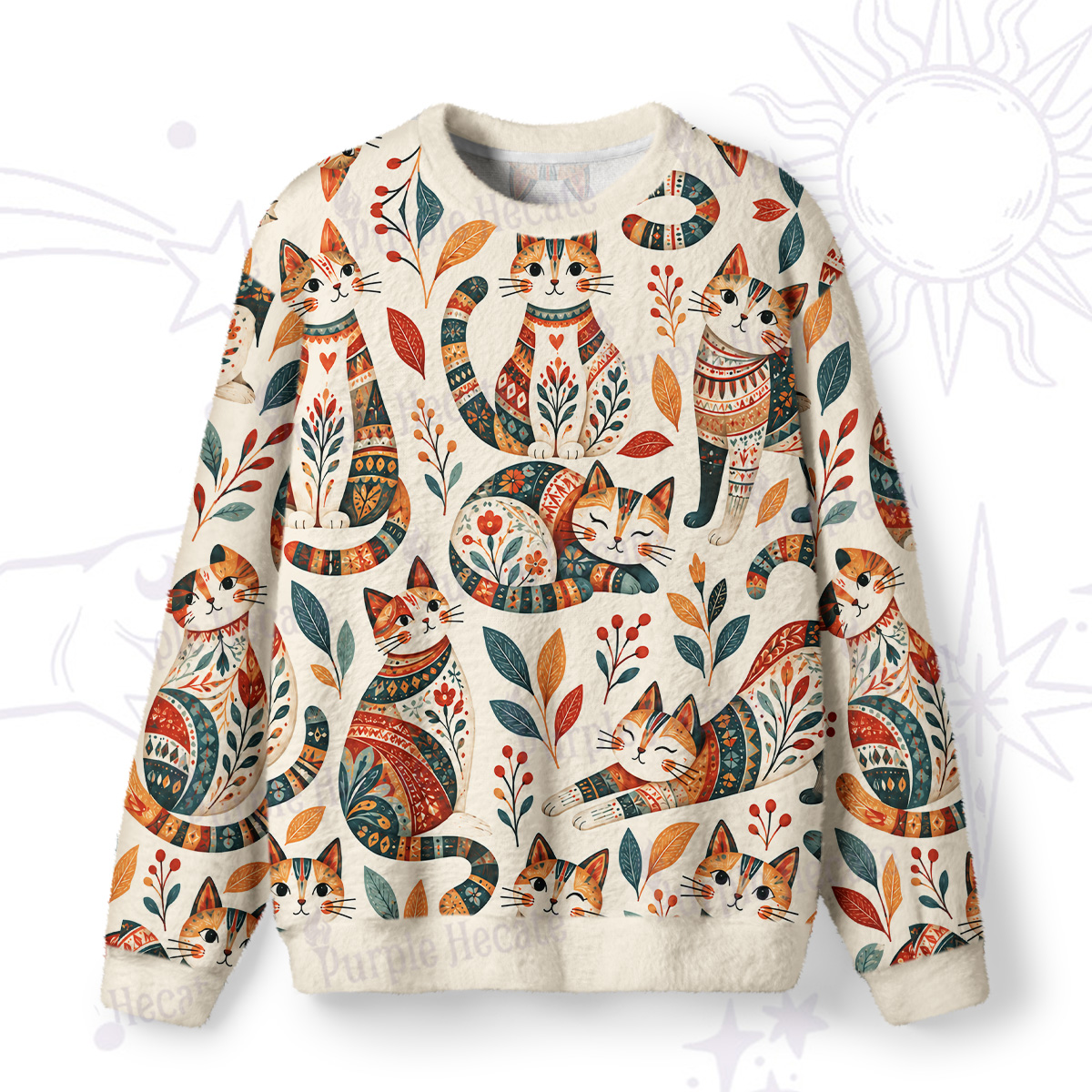 Purplehecate Playful Botanical Folk Art Cat Fuzzy Ugly Sweatshirt
